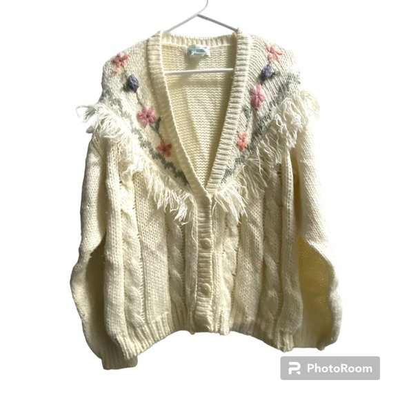 Vintage‎ 80s Jamie Scott Floral Embroidered Button Front Fringe Knit Cardigan - Picture 1 of 7